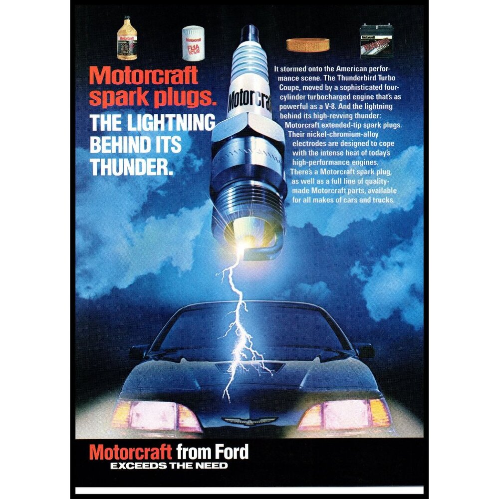 1987 Ford Motorcraft Spark Plugs Vintage Print Ad Thunderbird Lightning Wall Art